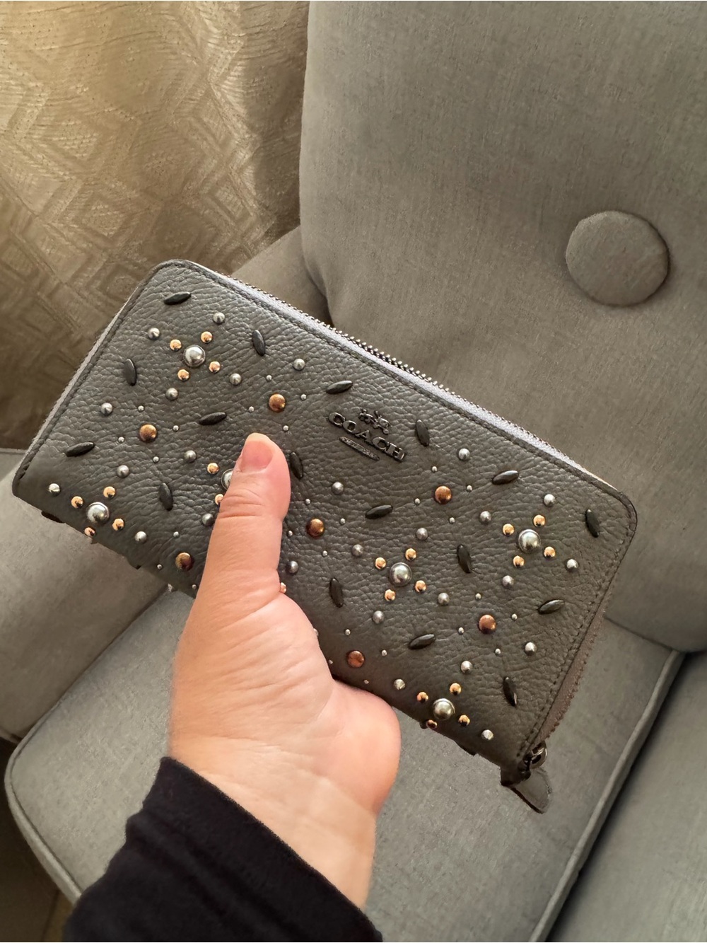 COACH Gray Studded Zip-Around Leather Wallet